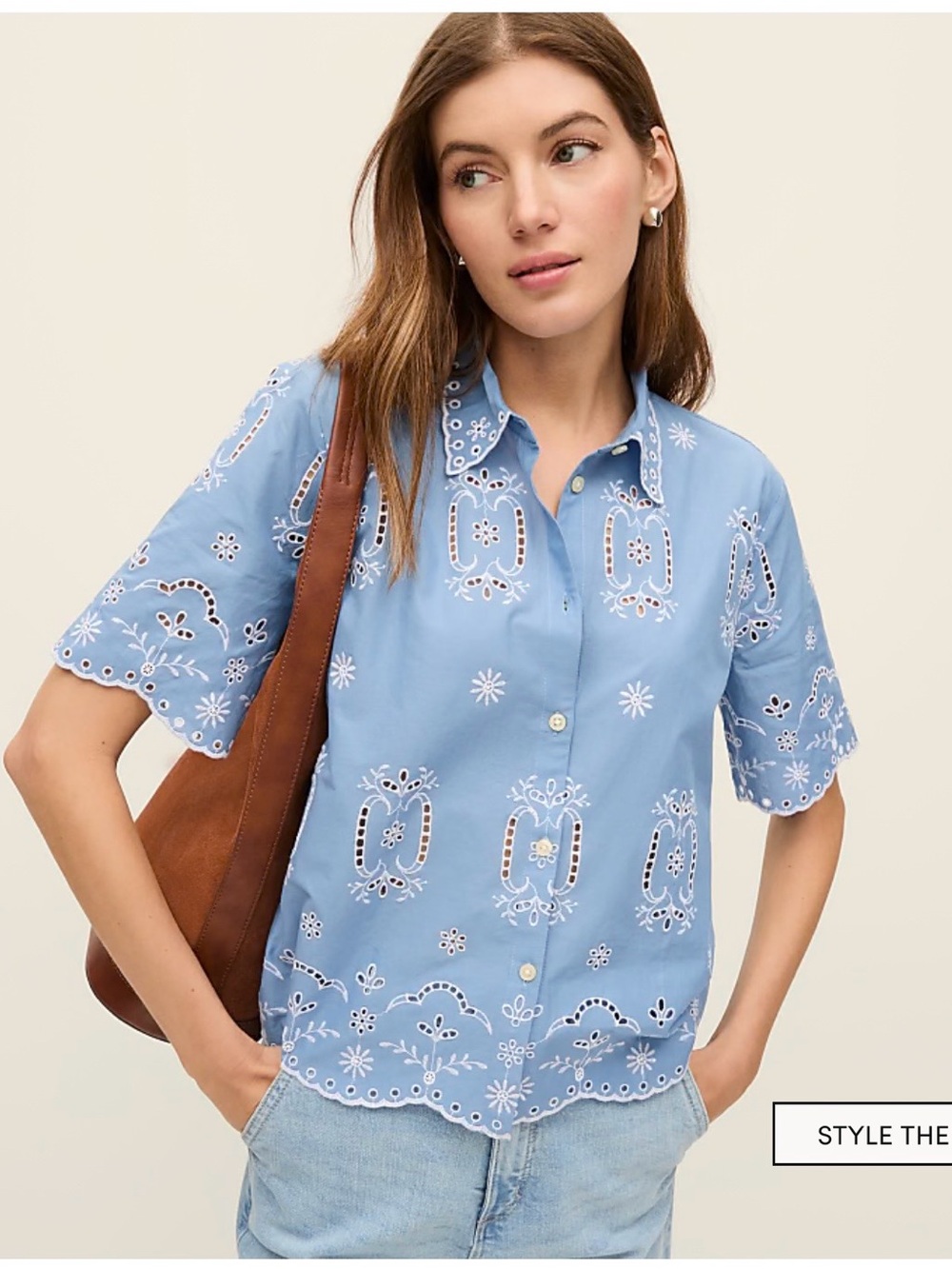 Ann Taylor Weekend Embroidered Eyelet Button-Front Top in Light Blue size M